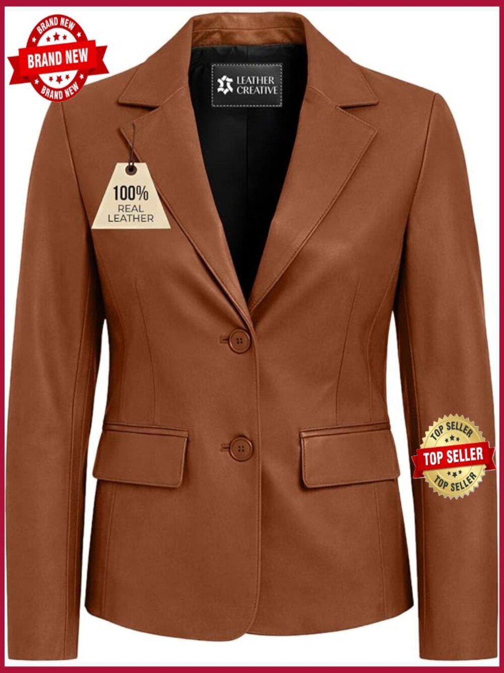 Genuine Lambskin Leather Blazer Jacket with Notched Lapel Long Sleeve Flap